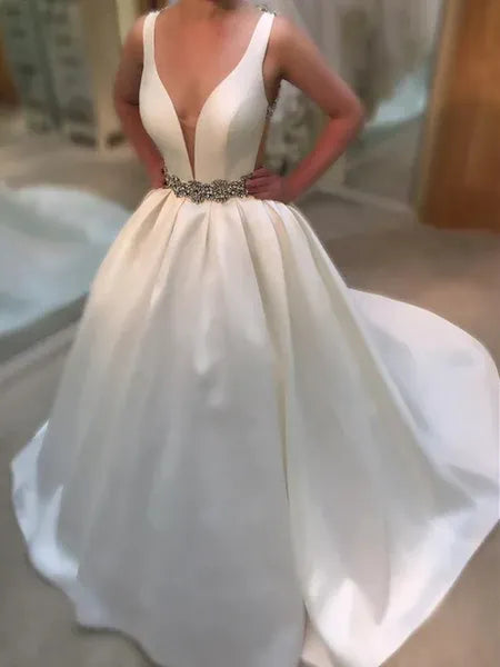 White Ball gown V-Neck Beaded Open-Back Chapel Wedding Dress Custom