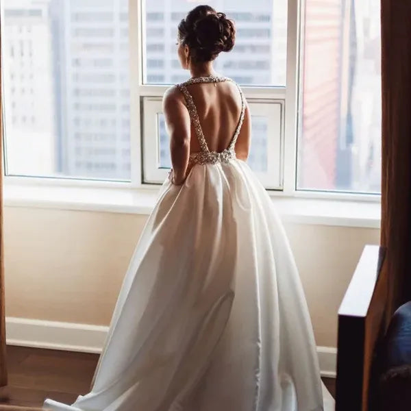 White Ball gown V-Neck Beaded Open-Back Chapel Wedding Dress Custom