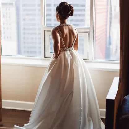 Luxurious White Beaded Ball-Gown V-Neck Classic-Sleeve Open-Back Floor-Length Wedding Dress
