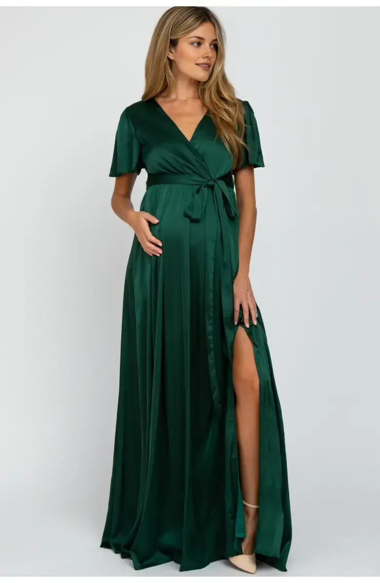 Timeless Chic Elegant Emerald Green Satin A-Line Short Sleeve Floor-Length Prom Dress