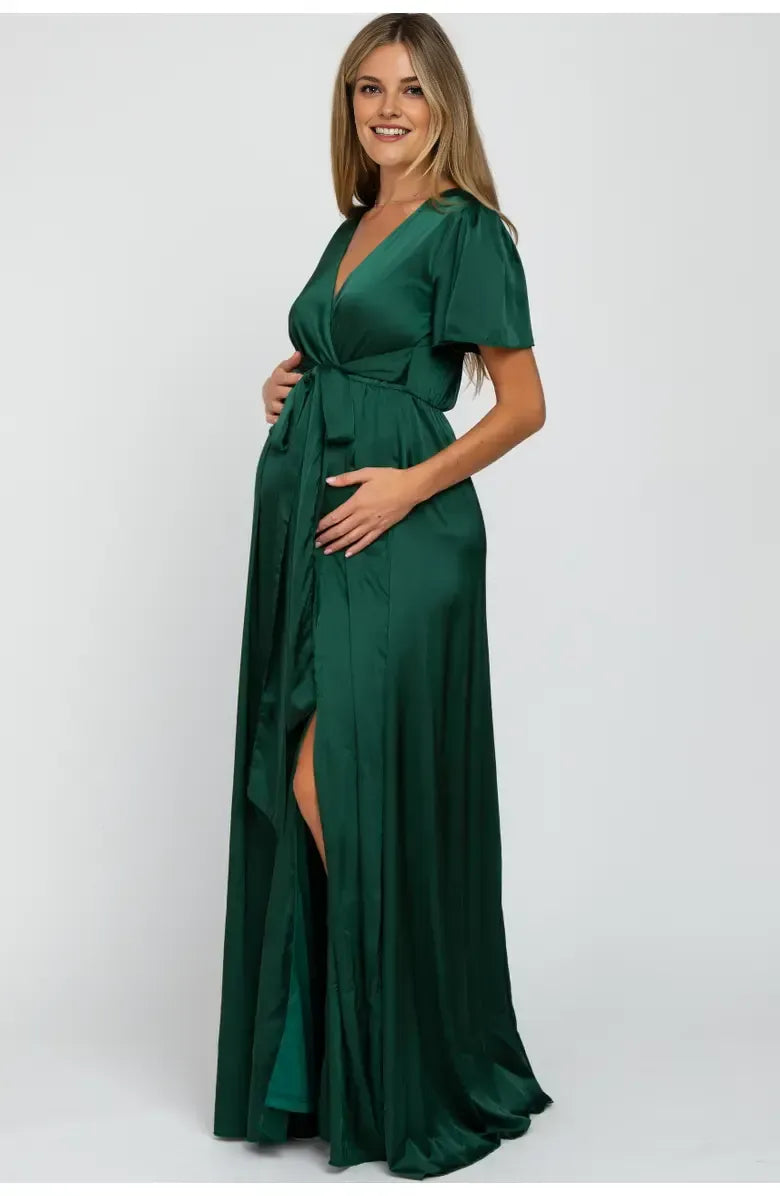 Timeless Chic Elegant Emerald Green Satin A-Line Short Sleeve Floor-Length Prom Dress
