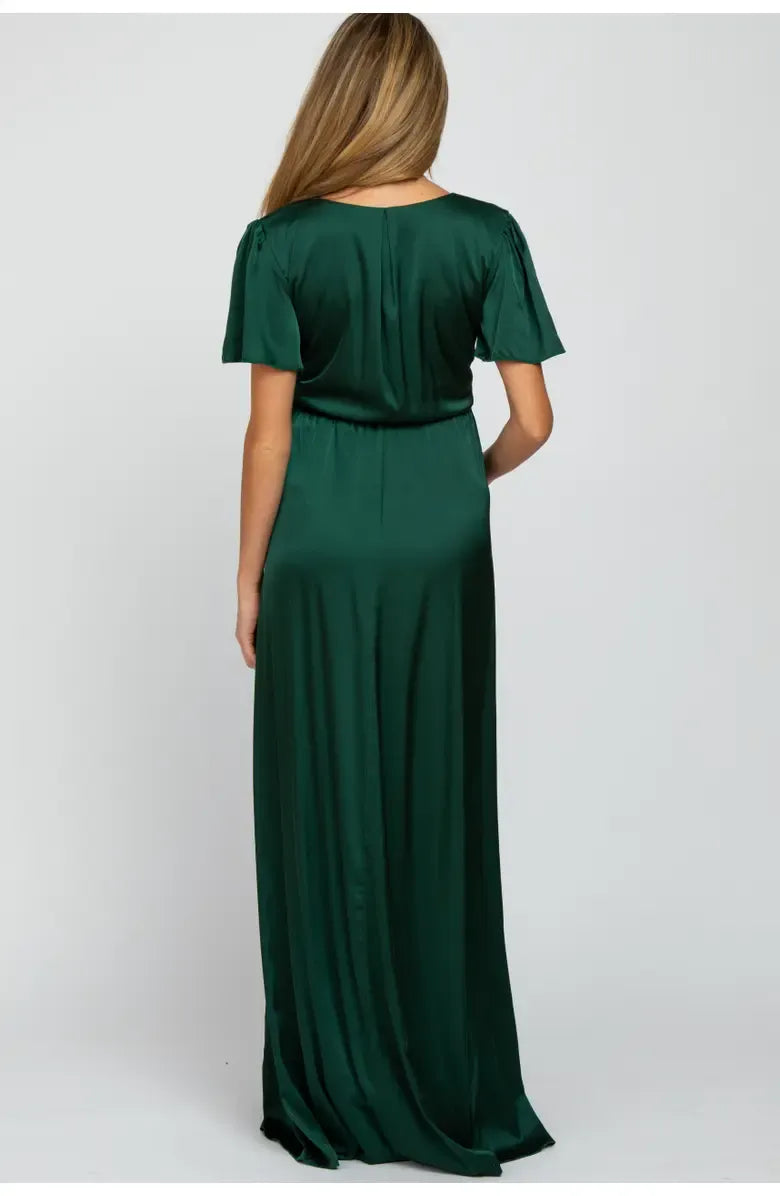 Timeless Chic Elegant Emerald Green Satin A-Line Short Sleeve Floor-Length Prom Dress