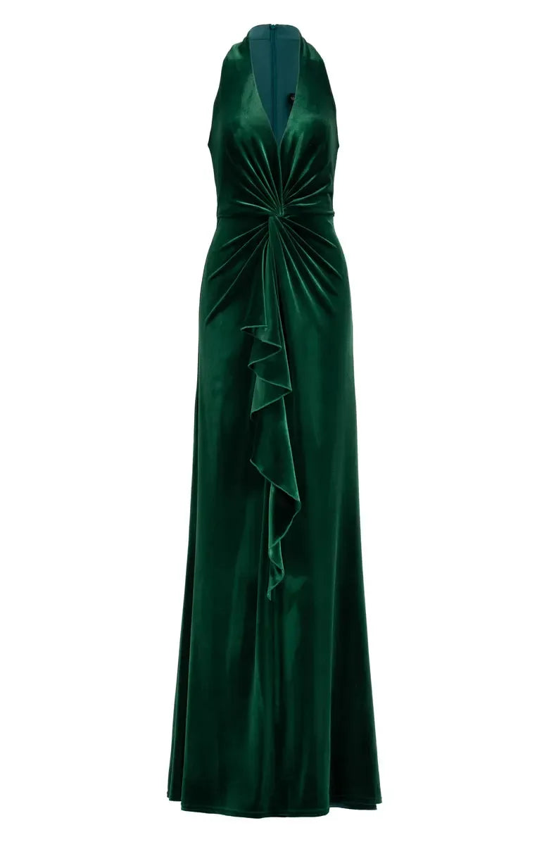 Special Occasion Sophisticated Elegant Emerald Green Velvet A-Line Sleeveless Floor-Length Prom Dress