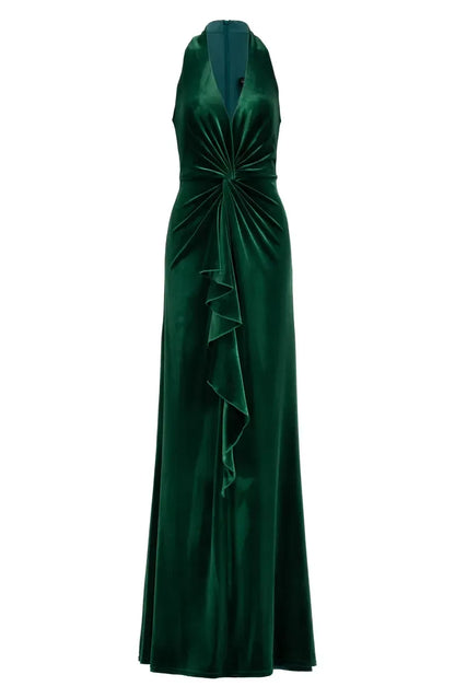 Special Occasion Sophisticated Elegant Emerald Green Velvet A-Line Sleeveless Floor-Length Prom Dress