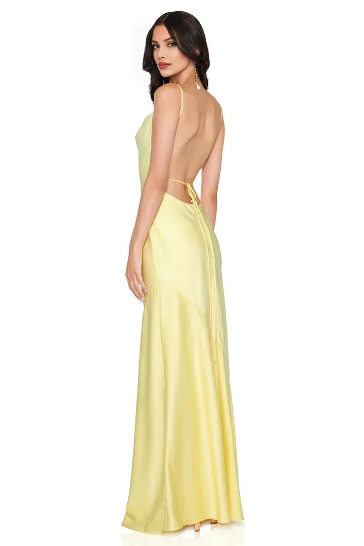 Beautiful Timeless Special Occasion Elegant Yellow Satin Cowl Sleeveless Floor-Length Prom Dress