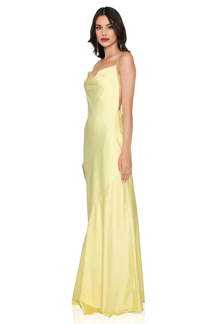 Beautiful Timeless Special Occasion Elegant Yellow Satin Cowl Sleeveless Floor-Length Prom Dress