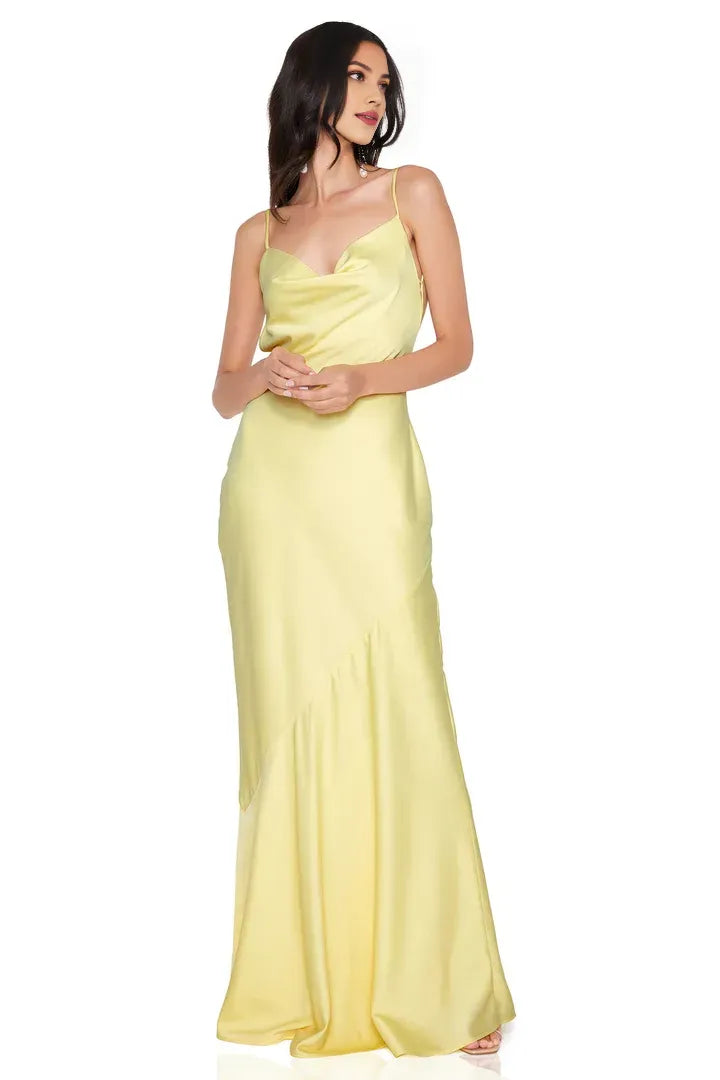 Beautiful Timeless Special Occasion Elegant Yellow Satin Cowl Sleeveless Floor-Length Prom Dress