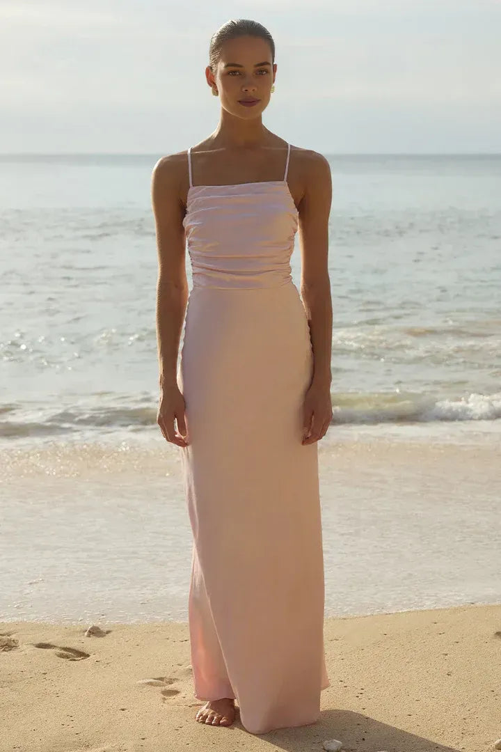 Refined Beautiful Timeless Chic Elegant Blush Pink Satin Sleeveless Floor-Length Prom Dress