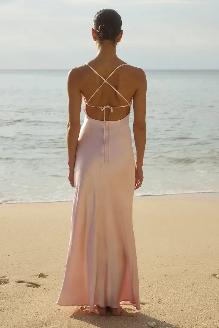 Refined Beautiful Timeless Chic Elegant Blush Pink Satin Sleeveless Floor-Length Prom Dress