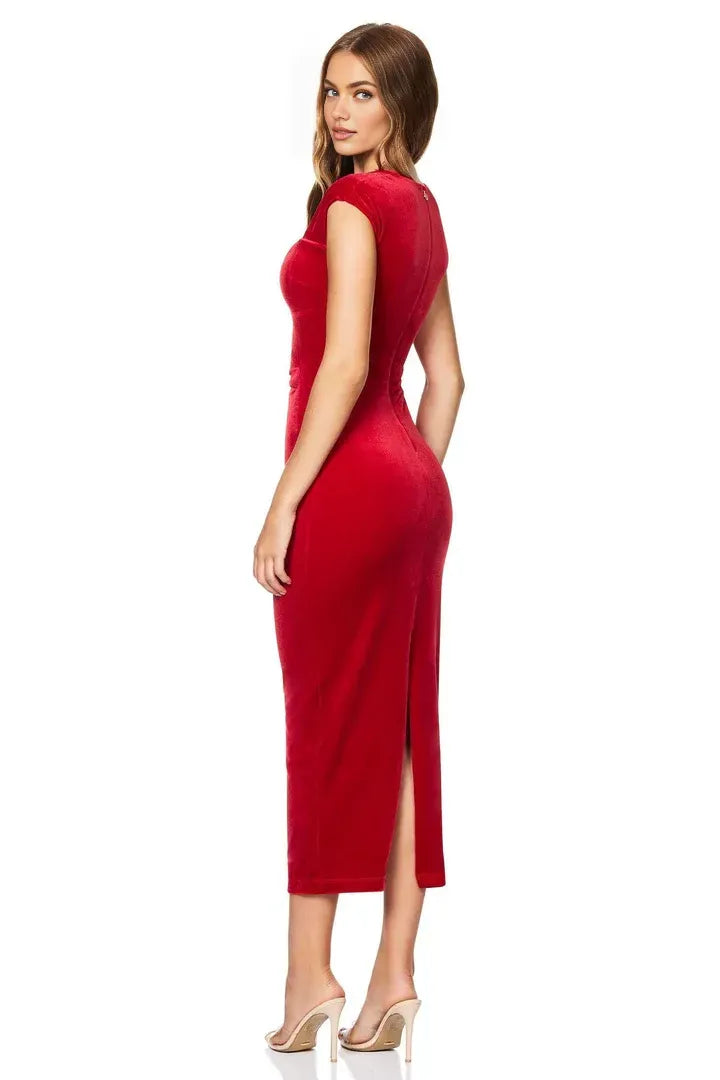 Timeless Special Occasion Sophisticated Graceful Stylish Elegant Red Velvet Tea-Length Prom Dress