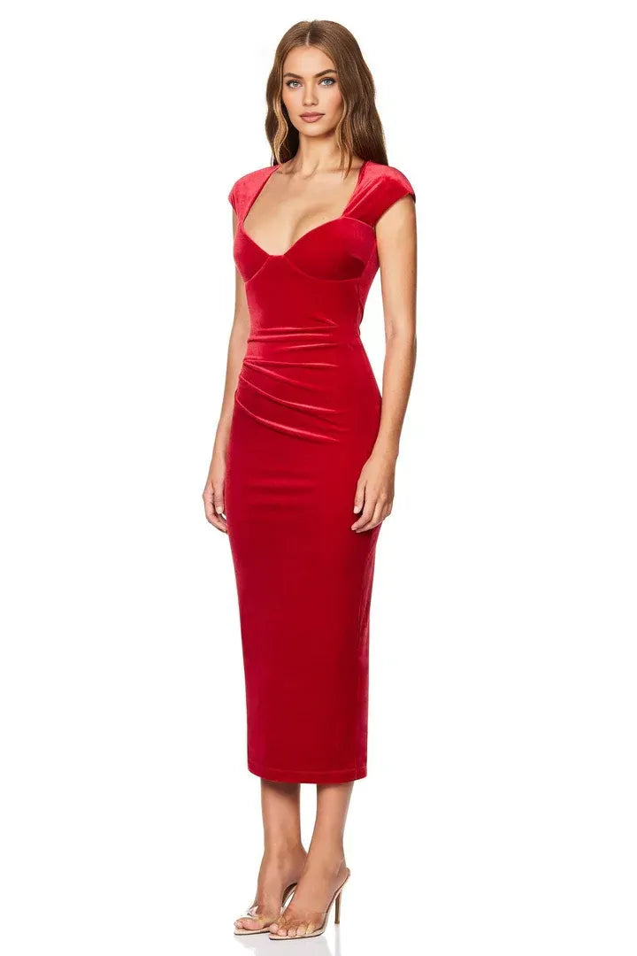 Timeless Special Occasion Sophisticated Graceful Stylish Elegant Red Velvet Tea-Length Prom Dress