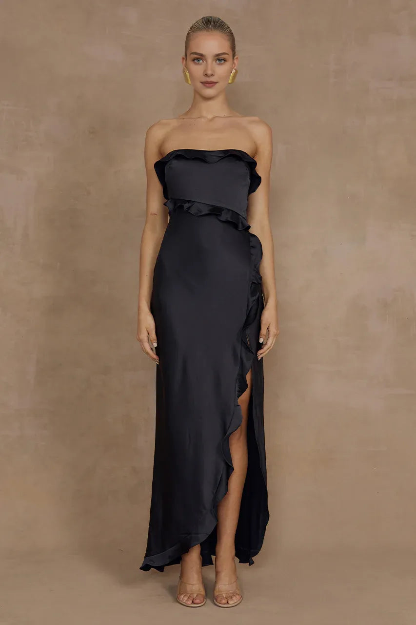 Special Occasion Sophisticated Graceful Stylish Elegant Black Satin Sheath Strapless Sleeveless Prom Dress
