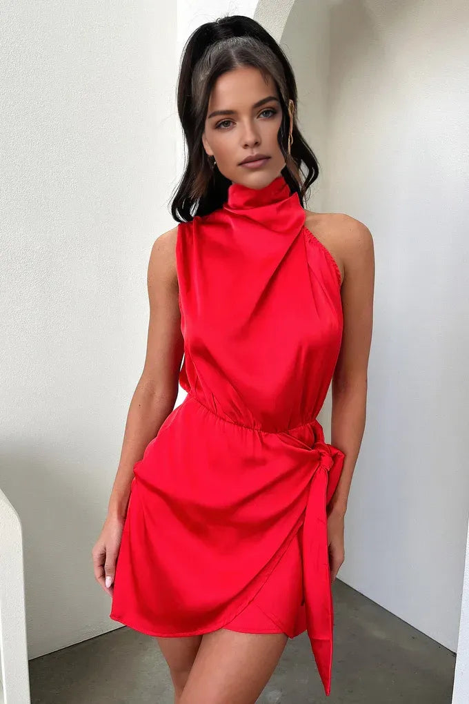 Sophisticated Graceful Stylish Elegant Satin Sheath High Neck Sleeveless Mini Homecoming Dress