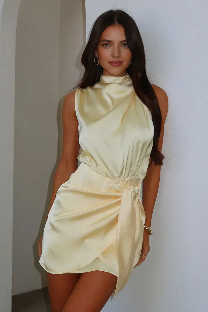 Sophisticated Graceful Stylish Elegant Satin Sheath High Neck Sleeveless Mini Homecoming Dress