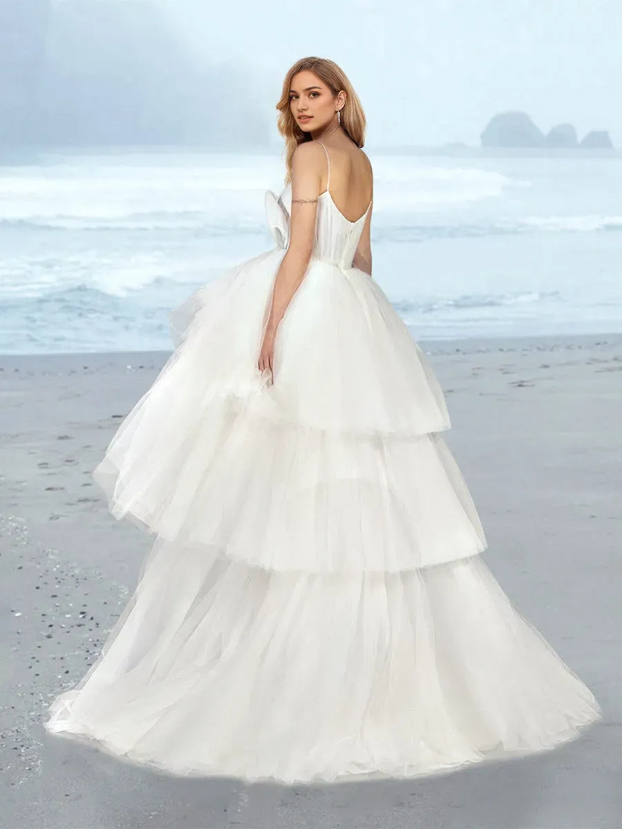 Beach Boho Wedding Dress Spaghetti Strap Deep V Bow Accent Tiered Skirt for Coastal Brides