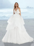Beach Boho Wedding Dress Spaghetti Strap Deep V Bow Accent Tiered Skirt for Coastal Brides