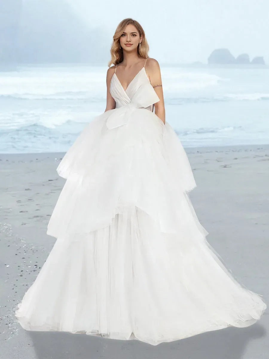 Beach Boho Wedding Dress Spaghetti Strap Deep V Bow Accent Tiered Skirt for Coastal Brides