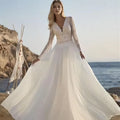 Beach Wedding Dresses A-Line Long Sleeve Scalloped Plunge Neckline Floor Length Bridal Tops Bridal Gowns With Appliques