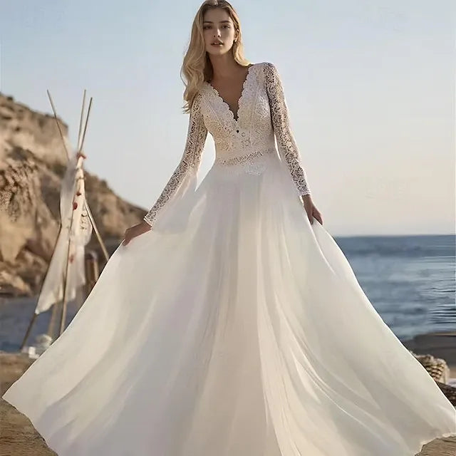 Beach Wedding Dresses A-Line Long Sleeve Scalloped Plunge Neckline Floor Length Bridal Tops Bridal Gowns With Appliques