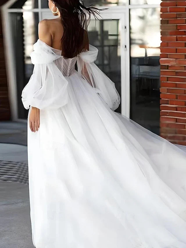 Beach Wedding Dresses A-Line Sweetheart Puff Sleeve Bridal Gowns With Ruched Details