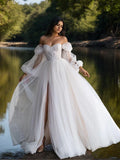 Beach Wedding Dresses A-Line Sweetheart Puff Sleeve Bridal Gowns With Ruched Details