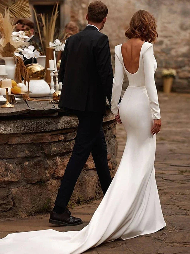 Beach Wedding Reception Open Back Royal Style Simple Wedding Dresses Mermaid/Trumpet Square Neck Long Sleeve Court Train Bridal Gowns With Solid Color Summer and Fall Wedding Party dress
