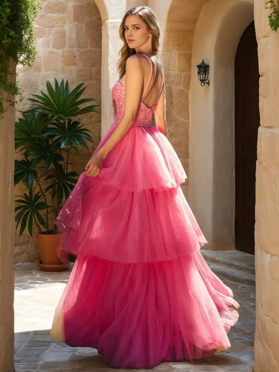 Hot Pink Prom Dress Halter Neck Tiered High Low