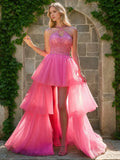 Hot Pink Prom Dress Halter Neck Tiered High Low