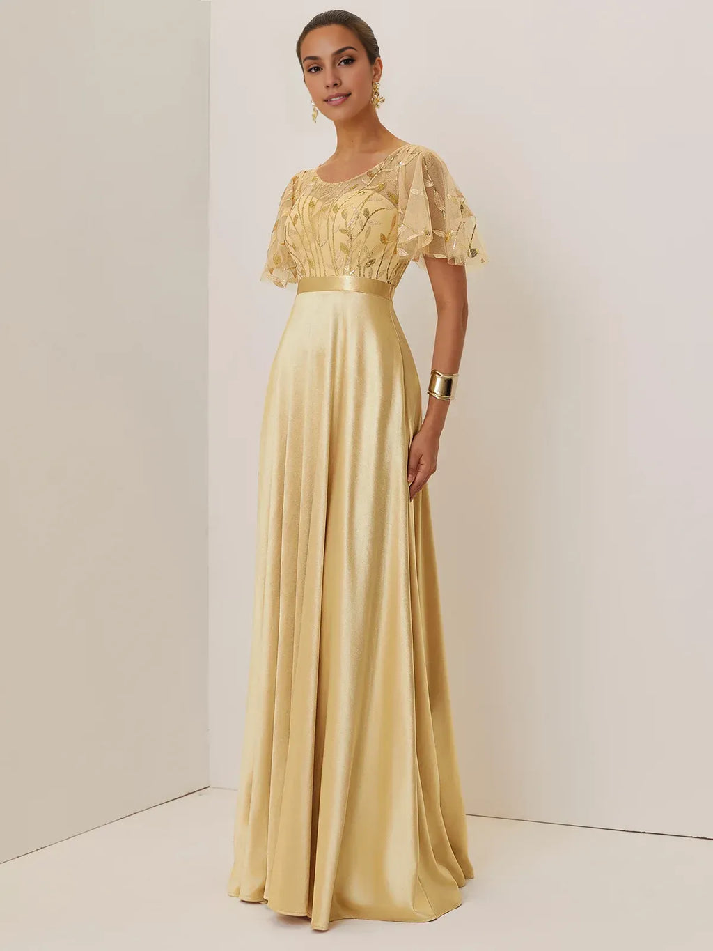 Graceful Stylish Refined Elegant Gold Satin A-Line Short Sleeve Floor-Length Evening Dress