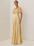 Graceful Stylish Refined Elegant Gold Satin A-Line Short Sleeve Floor-Length Evening Dress
