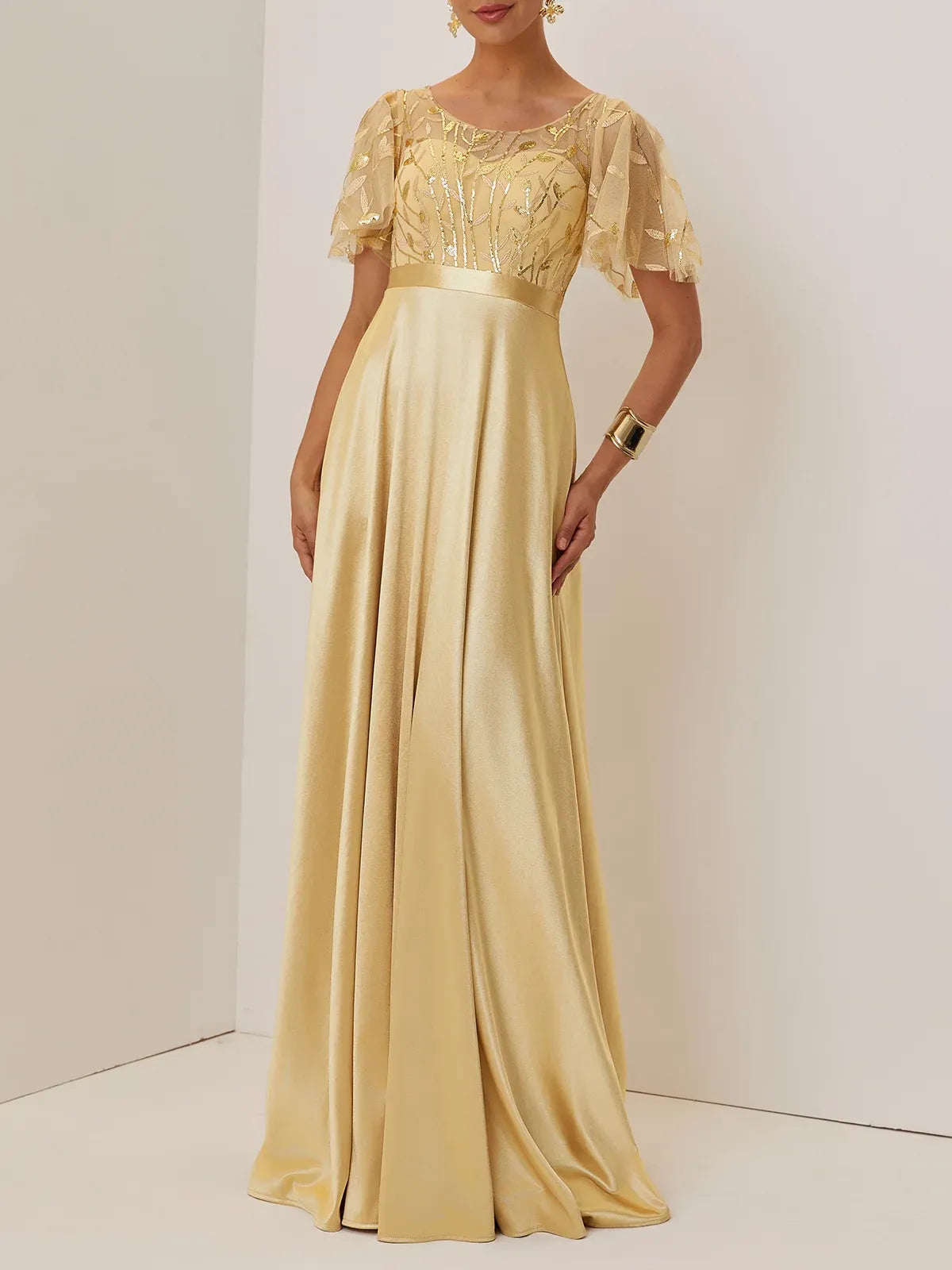 Graceful Stylish Refined Elegant Gold Satin A-Line Short Sleeve Floor-Length Evening Dress