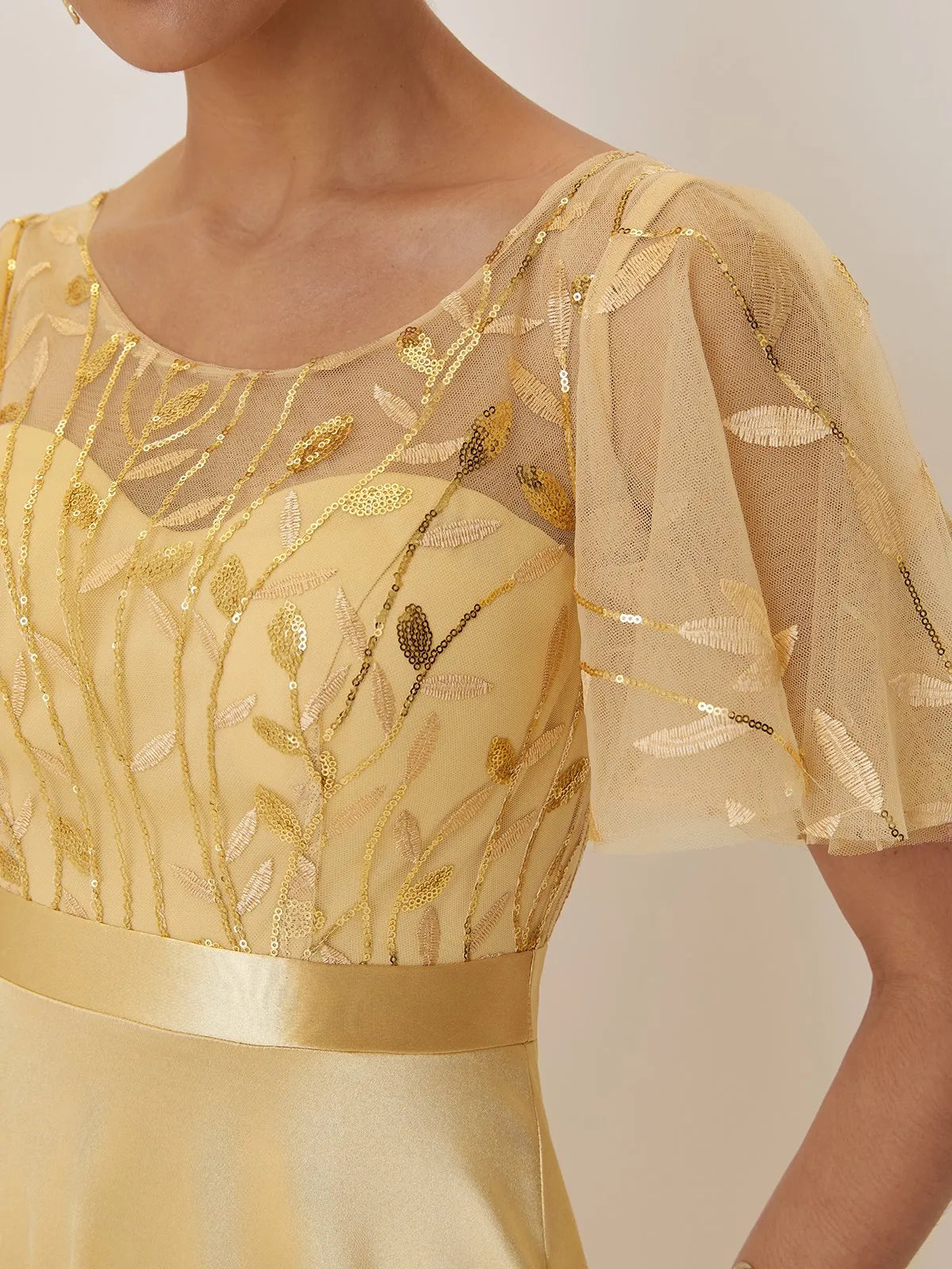 Graceful Stylish Refined Elegant Gold Satin A-Line Short Sleeve Floor-Length Evening Dress