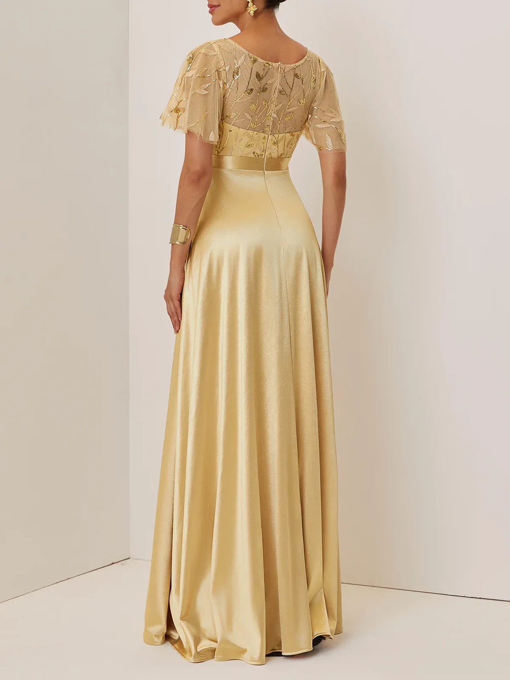 Graceful Stylish Refined Elegant Gold Satin A-Line Short Sleeve Floor-Length Evening Dress