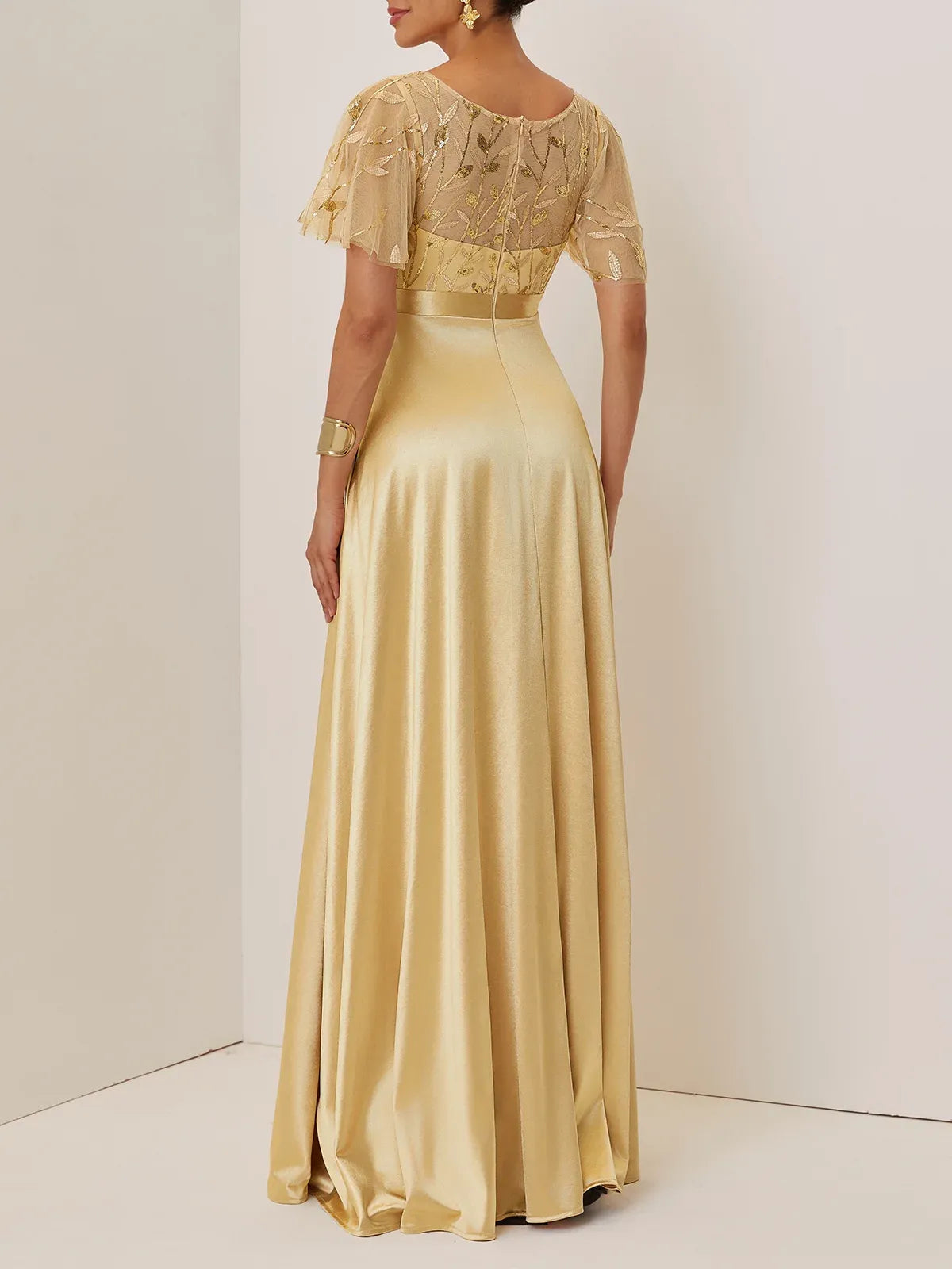 Graceful Stylish Refined Elegant Gold Satin A-Line Short Sleeve Floor-Length Evening Dress