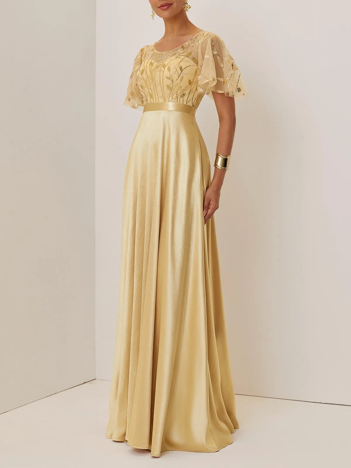 Graceful Stylish Refined Elegant Gold Satin A-Line Short Sleeve Floor-Length Evening Dress
