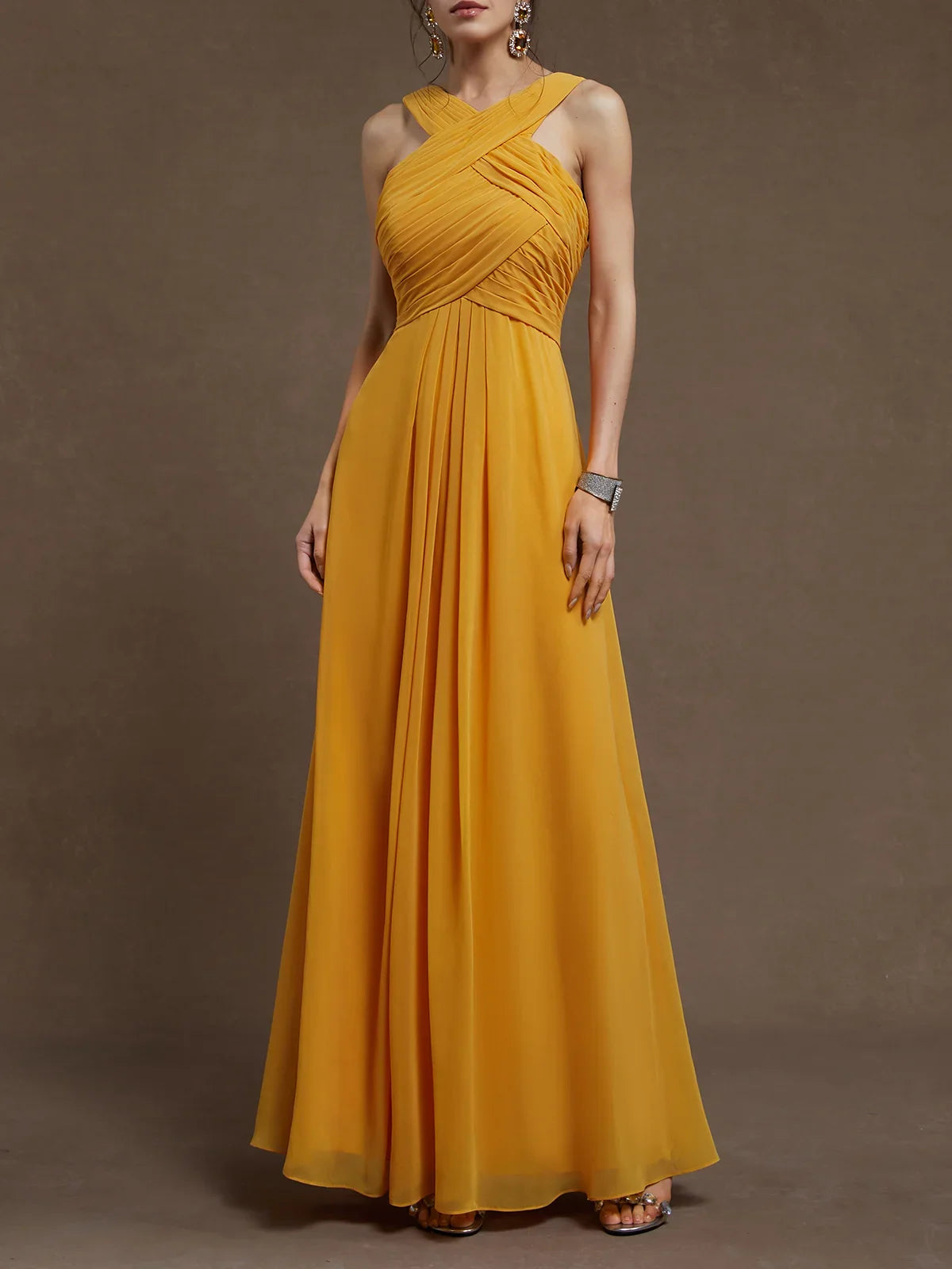 Timeless Special Occasion Sophisticated Elegant Yellow Chiffon A-Line Sleeveless Floor-Length Prom Dress