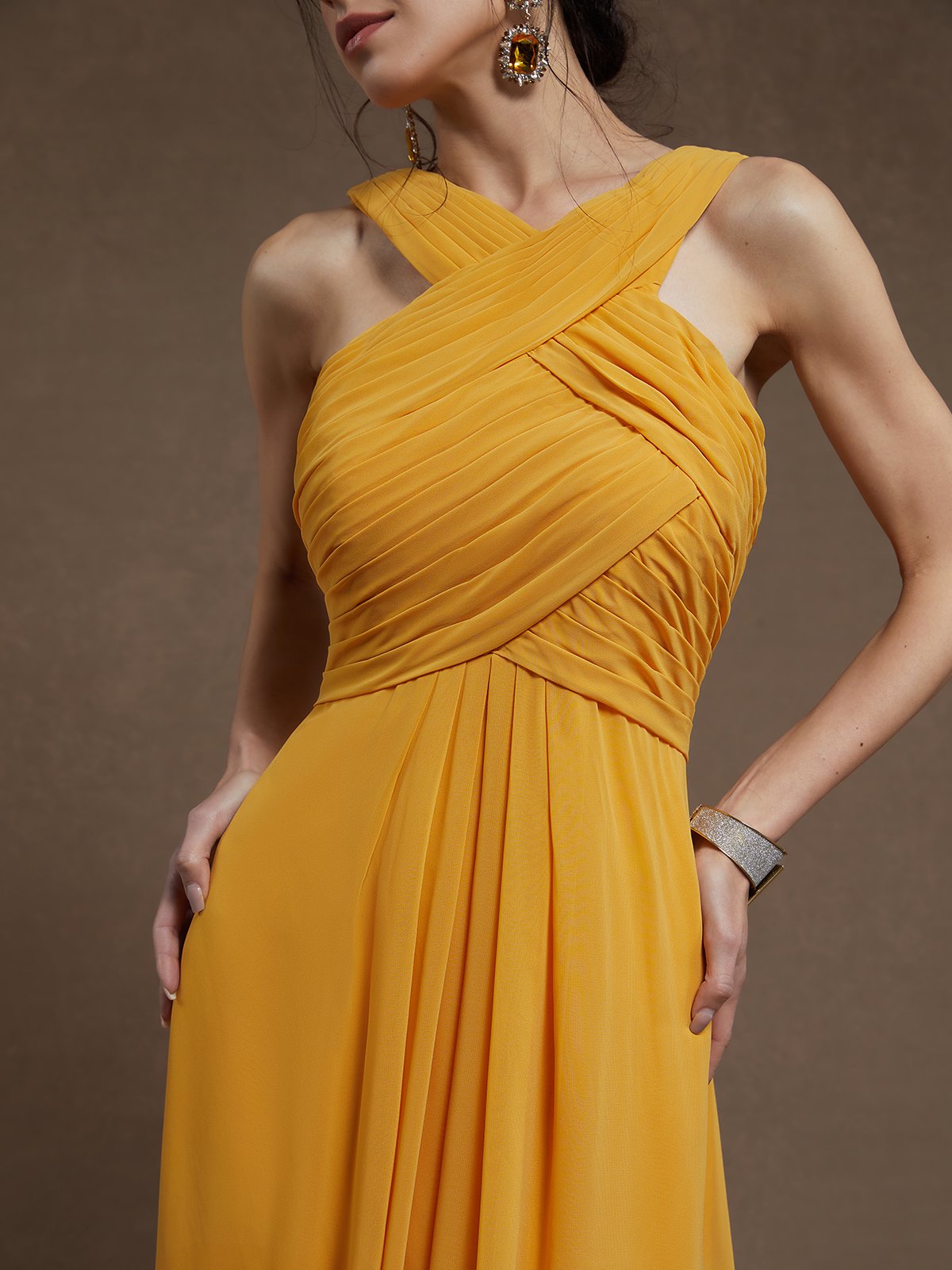 Timeless Special Occasion Sophisticated Elegant Yellow Chiffon A-Line Sleeveless Floor-Length Prom Dress