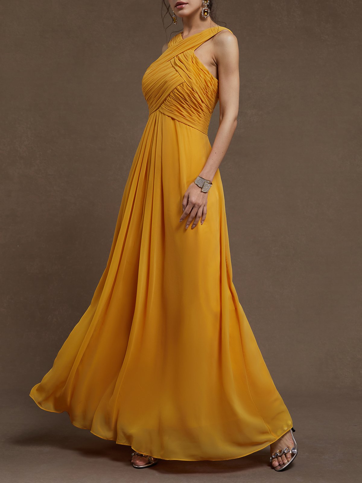 Timeless Special Occasion Sophisticated Elegant Yellow Chiffon A-Line Sleeveless Floor-Length Prom Dress