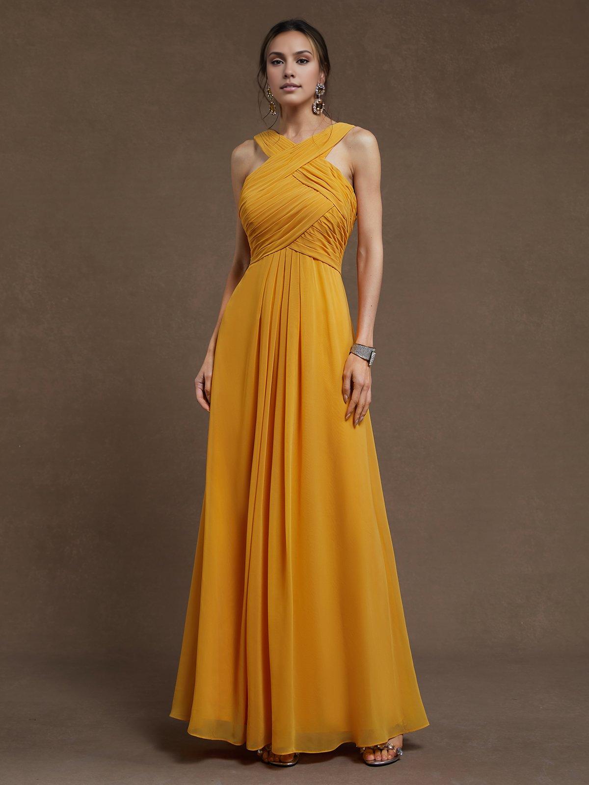 Timeless Special Occasion Sophisticated Elegant Yellow Chiffon A-Line Sleeveless Floor-Length Prom Dress