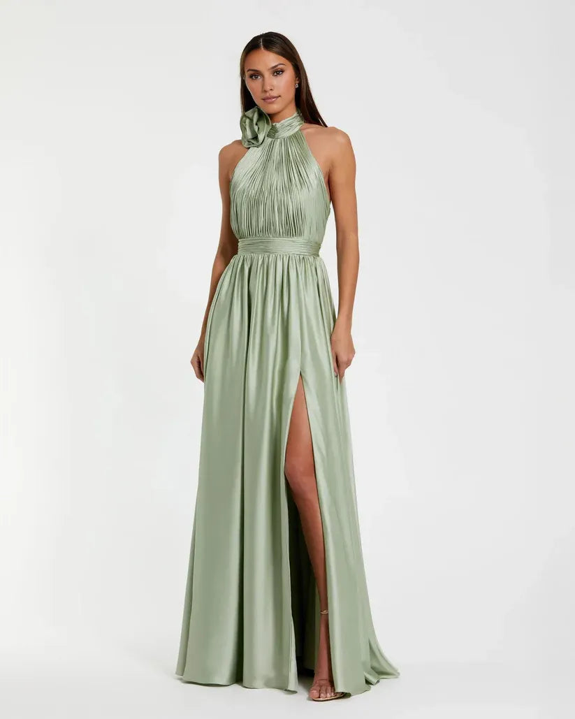 Timeless Chic Elegant Sage Green Satin A-Line Halter Sleeveless Floor-Length Prom Dress