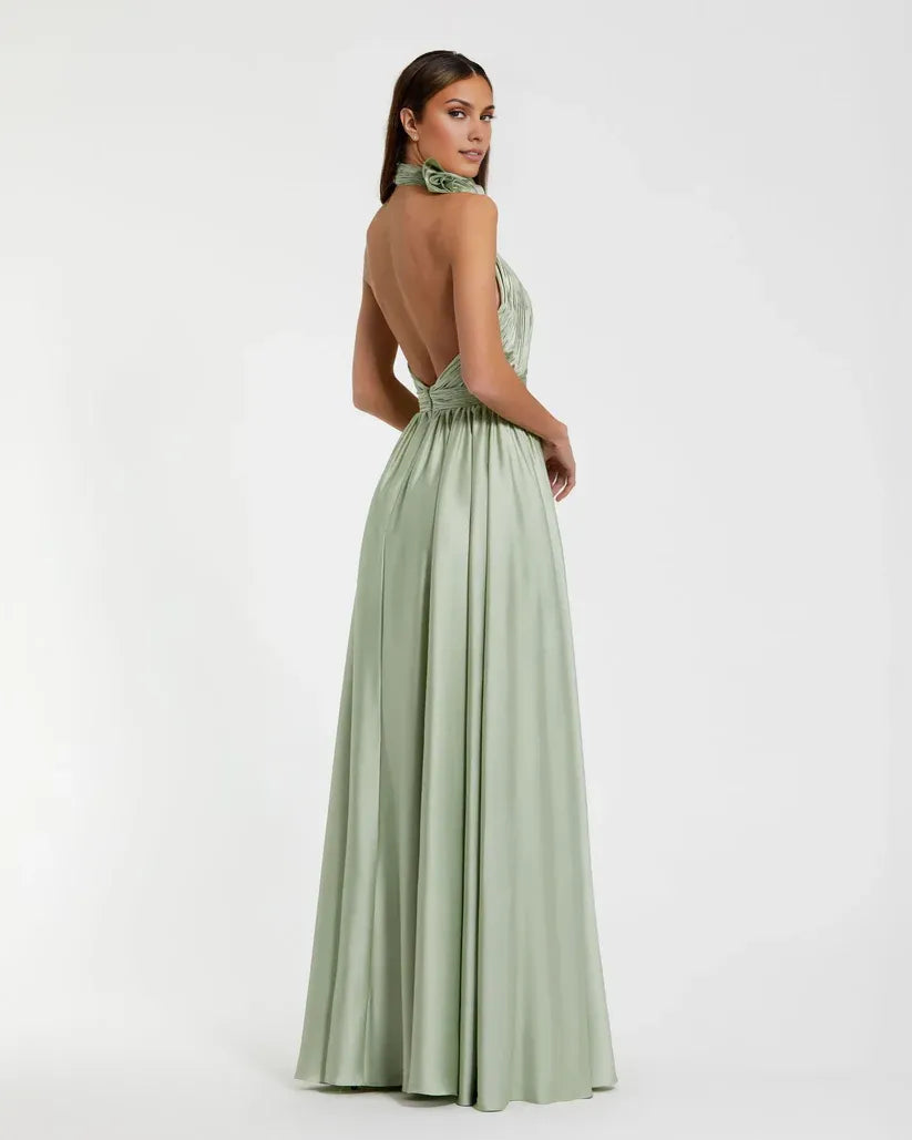 Timeless Chic Elegant Sage Green Satin A-Line Halter Sleeveless Floor-Length Prom Dress
