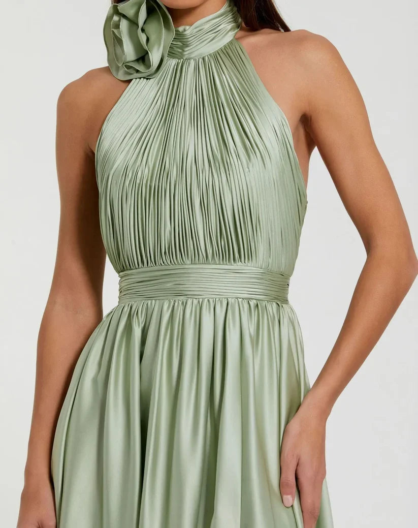 Timeless Chic Elegant Sage Green Satin A-Line Halter Sleeveless Floor-Length Prom Dress