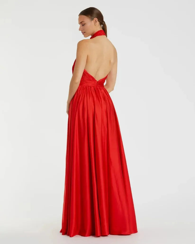 Timeless Chic Elegant Sage Green Satin A-Line Halter Sleeveless Floor-Length Prom Dress