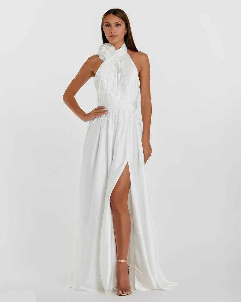Timeless Chic Elegant Sage Green Satin A-Line Halter Sleeveless Floor-Length Prom Dress