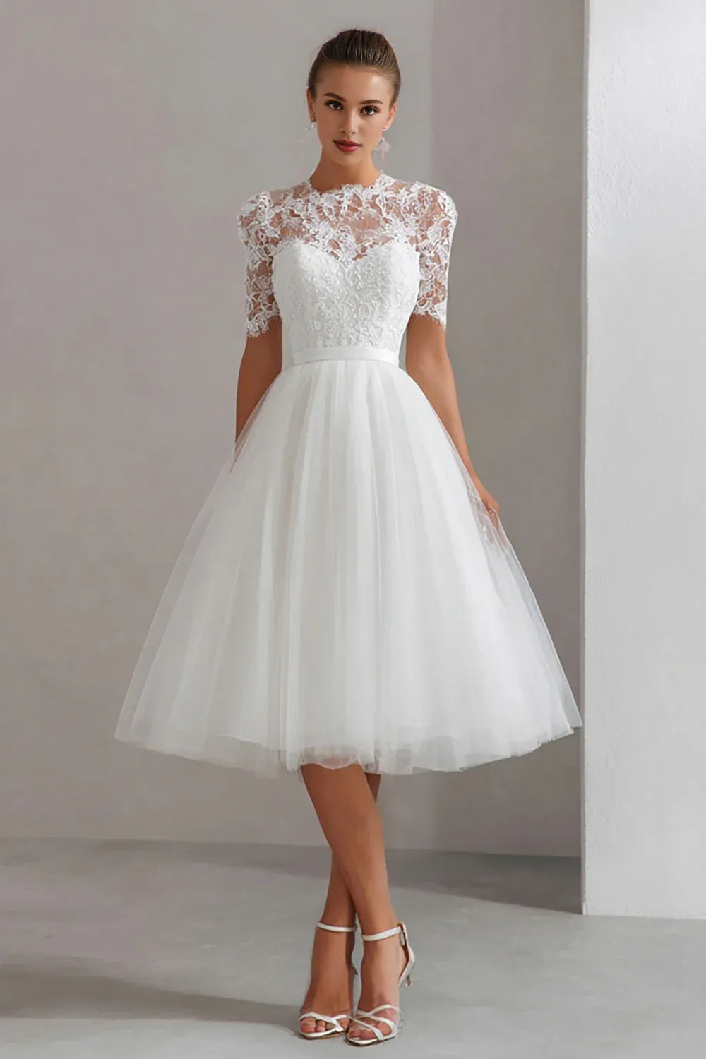 Special Occasion Elegant Tulle A-Line High Neck Short Sleeve Tea-Length Wedding Dress