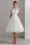 Special Occasion Elegant Tulle A-Line High Neck Short Sleeve Tea-Length Wedding Dress
