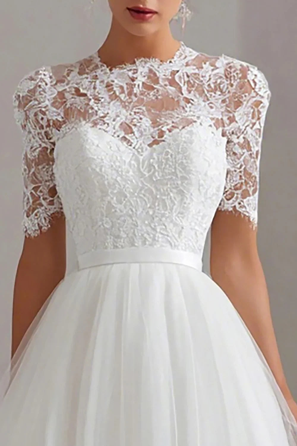 Special Occasion Elegant Tulle A-Line High Neck Short Sleeve Tea-Length Wedding Dress