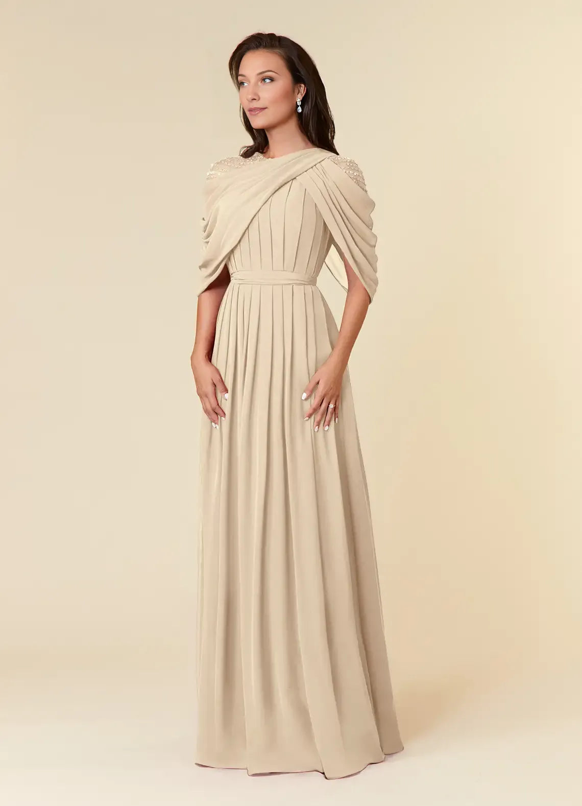 Mother of the Bride Dresses Sequins with Draped Cape Sleeves Shoulder Embellishment Pleated Skirt