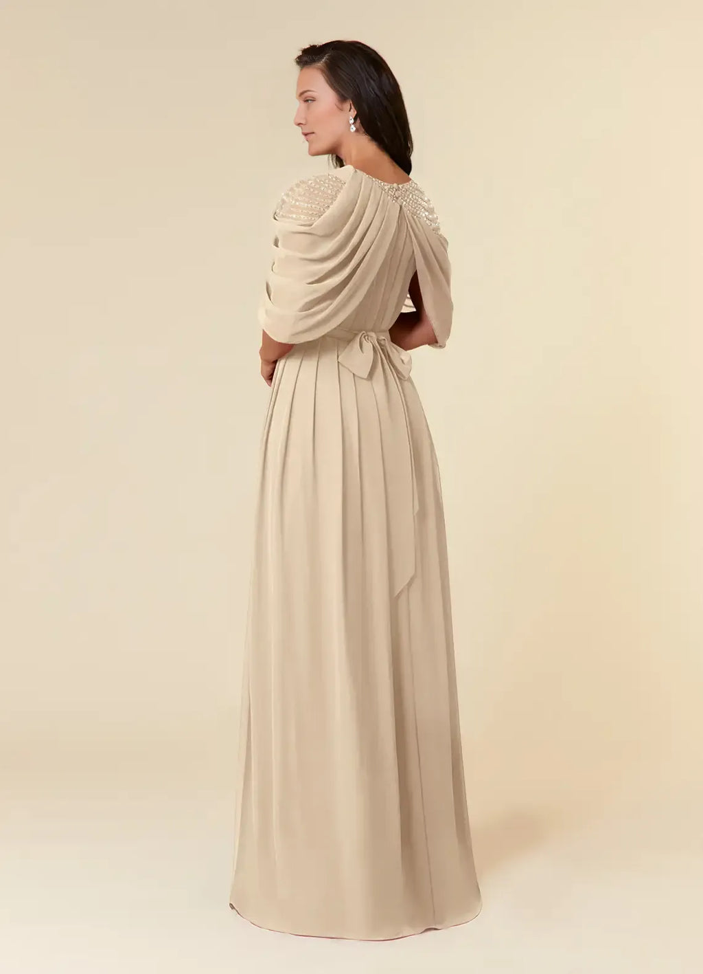 Mother of the Bride Dresses Sequins with Draped Cape Sleeves Shoulder Embellishment Pleated Skirt