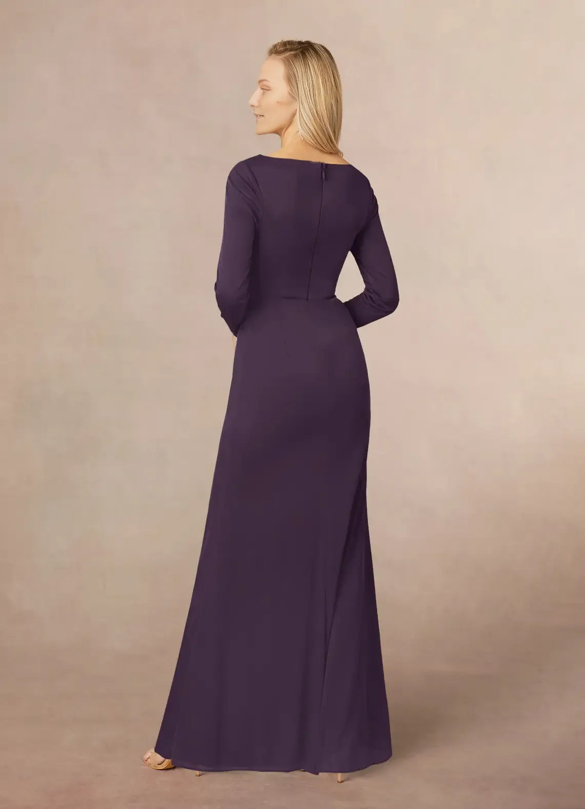 Plum Mermaid V-Neck Pleated Mother of the Bride Dresses of the Bride with line Long Sheer Sleeves Draped Ruffles and Side Slit for Timeless Wedding Celebrations